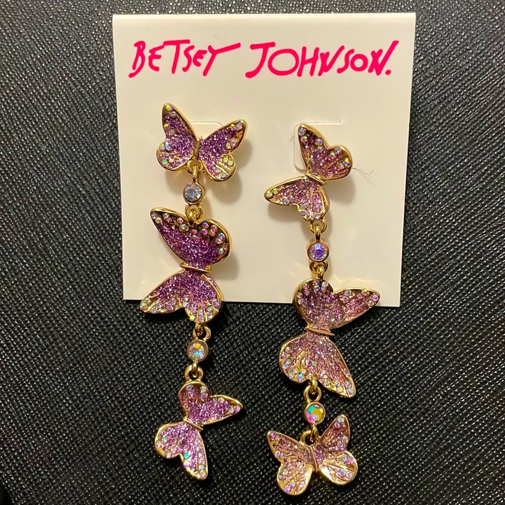 Betsy Johnson Butterfly Crystal Dangle Earrings Purple / Gold NWT